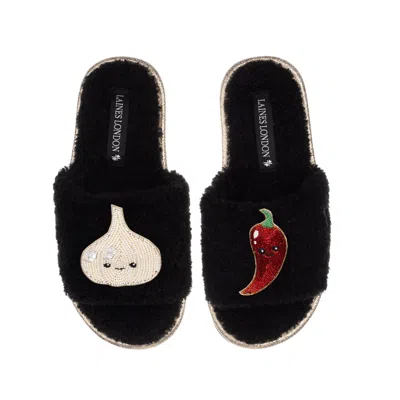 Laines London Women's Teddy Slider Slippers With Laines Loveables Garlic & Chilli Brooches - Black