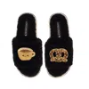 Laines London Women's Teddy Slider Slippers With Laines Loveables Hot Chocolate & Pretzel Brooches - Black In Black
