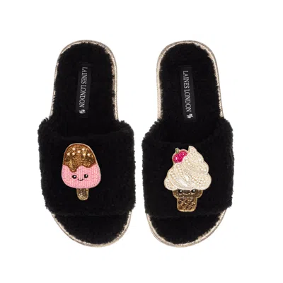Laines London Women's Teddy Slider Slippers With Laines Loveables Ice Lolly & Ice Cream Brooches - Black