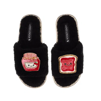 Laines London Women's Teddy Slider Slippers With Laines Loveables Jam & Toast Brooches - Black