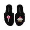 Laines London Women's Teddy Slider Slippers With Laines Loveables Lollipop & Cupcake Brooches - Black In Black
