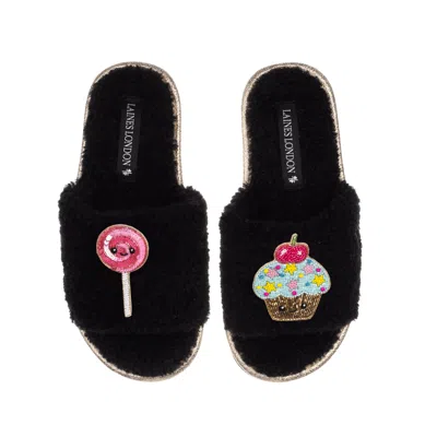 Laines London Women's Teddy Slider Slippers With Laines Loveables Lollipop & Cupcake Brooches - Black