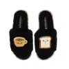 Laines London Women's Teddy Slider Slippers With Laines Loveables Tea & Toast Brooches - Black In Black