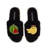 Laines London Women's Teddy Slider Slippers With Laines Loveables Watermelon & Banana Brooches - Black In Black