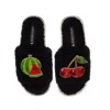 Laines London Women's Teddy Slider Slippers With Laines Loveables Watermelon & Cherry Brooches - Black In Black