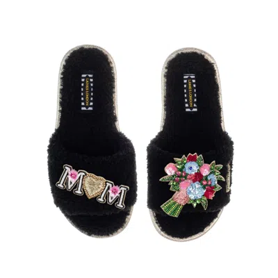 Laines London Women's Teddy Toweling Mother's Day Slipper Sliders With Bouquet & Mum / Mom Brooches - Black In Blue