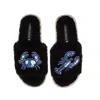 Laines London Women's Teddy Toweling Slipper Slider With Mediterranean Blue Crab & Lobster Brooches - Black In Black