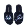Laines London Women's Teddy Toweling Slipper Slider With Mediterranean Blue Crab & Lobster Brooches - Navy In Blue