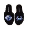 Laines London Women's Teddy Toweling Slipper Slider With Mediterranean Shell & Crab Brooches - Black In Black