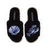 Laines London Women's Teddy Toweling Slipper Slider With Mediterranean Shell & Lobster Brooches - Black In Black