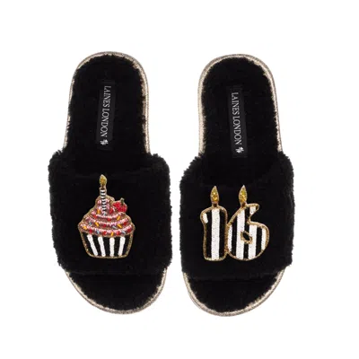 Laines London Women's Teddy Toweling Slipper Slider With Stripe 16th Birthday & Cake Brooches - Black