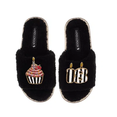 Laines London Women's Teddy Toweling Slipper Slider With Stripe 18th Birthday & Cake Brooches - Black