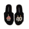 Laines London Women's Teddy Toweling Slipper Slider With Stripe 40th Birthday & Cake Brooches - Black In Black