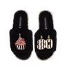 Laines London Women's Teddy Toweling Slipper Slider With Stripe 80th Birthday & Cake Brooches - Black In Black