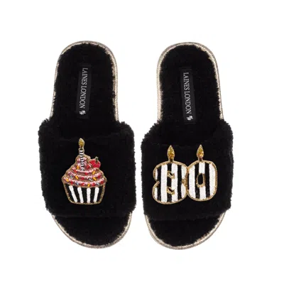 Laines London Women's Teddy Toweling Slipper Slider With Stripe 80th Birthday & Cake Brooches - Black