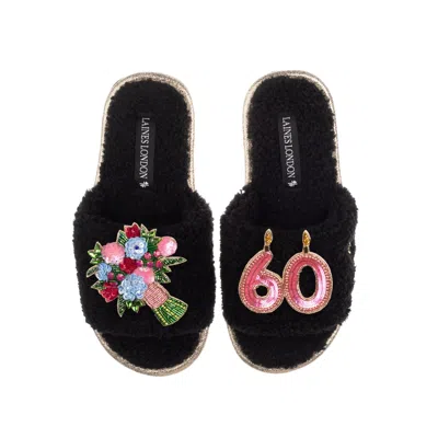 Laines London Women's Teddy Toweling Slipper Sliders With 60th Birthday & Flowers Brooches - Black