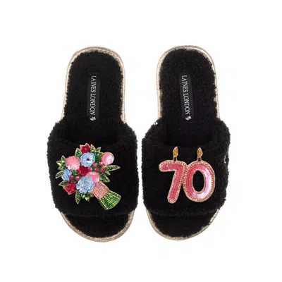Laines London Women's Teddy Toweling Slipper Sliders With 70th Birthday & Flowers Brooches - Black