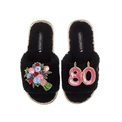 Laines London Women's Teddy Toweling Slipper Sliders With 80th Birthday & Flowers Brooches - Black