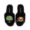 Laines London Women's Teddy Toweling Slipper Sliders With Bunny & Oak Tree Brooches - Black In Black