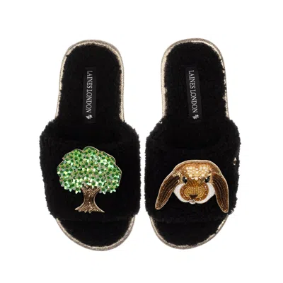 Laines London Women's Teddy Toweling Slipper Sliders With Bunny & Oak Tree Brooches - Black