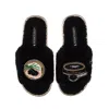 Laines London Women's Teddy Toweling Slipper Sliders With Caviar & Blini Brooches - Black In Black
