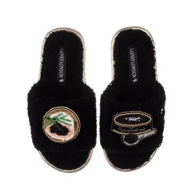 Laines London Women's Teddy Toweling Slipper Sliders With Caviar & Blini Brooches - Black