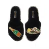 Laines London Women's Teddy Toweling Slipper Sliders With Champers Bottle & Oyster Brooches - Black In Black