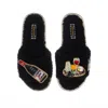 Laines London Women's Teddy Toweling Slipper Sliders With Cheese & Red Wine Brooches - Black In Black