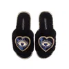 Laines London Women's Teddy Toweling Slipper Sliders With Double Blue Heart Eye Brooches - Black In Black