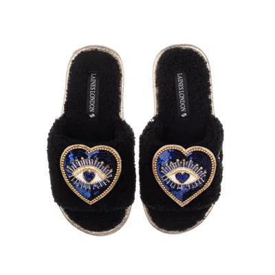 Laines London Women's Teddy Toweling Slipper Sliders With Double Blue Heart Eye Brooches - Black