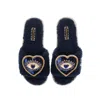Laines London Women's Teddy Toweling Slipper Sliders With Double Blue Heart Eye Brooches - Navy In Blue