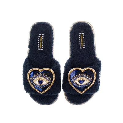 Laines London Women's Teddy Toweling Slipper Sliders With Double Blue Heart Eye Brooches - Navy