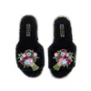 Laines London Women's Teddy Toweling Slipper Sliders With Double Flower Bouquet Brooches - Black In Black