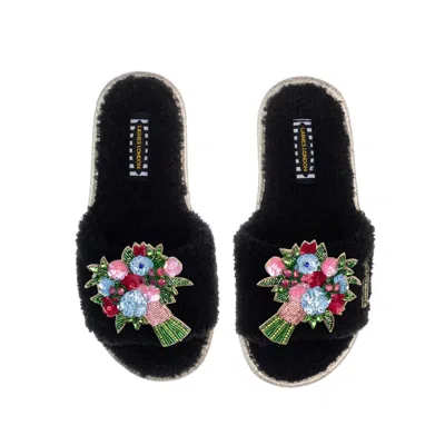Laines London Women's Teddy Toweling Slipper Sliders With Double Flower Bouquet Brooches - Black