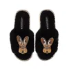Laines London Women's Teddy Toweling Slipper Sliders With Double Hare Brooches - Black In Black