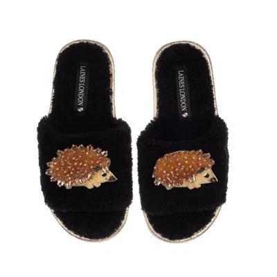 Laines London Women's Teddy Toweling Slipper Sliders With Double Hedgehog Brooches - Black