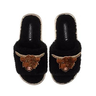 Laines London Women's Teddy Toweling Slipper Sliders With Double Highland Cow Brooches - Black