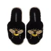 Laines London Women's Teddy Toweling Slipper Sliders With Double Honeybee Brooches - Black In Black