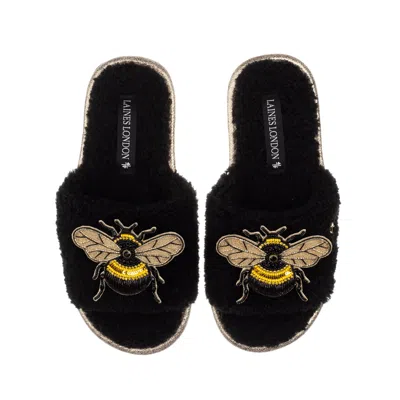 Laines London Women's Teddy Toweling Slipper Sliders With Double Honeybee Brooches - Black