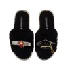 Laines London Women's Teddy Toweling Slipper Sliders With Graduation Brooches - Black In Black
