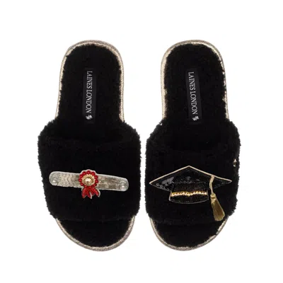Laines London Women's Teddy Toweling Slipper Sliders With Graduation Brooches - Black