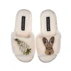 Laines London Women's Teddy Toweling Slipper Sliders With Hare & White Foxglove Flower Brooches - Cream In White