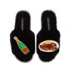 Laines London Women's Teddy Toweling Slipper Sliders With Lobster Platter & Champagne Bottle Brooches - Black In Black