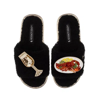 Laines London Women's Teddy Toweling Slipper Sliders With Lobster Platter & Glass Of Bubbles Brooches - Black