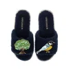 Laines London Women's Teddy Toweling Slipper Sliders With Oak Tree & Blue Tit Brooches - Navy In Blue