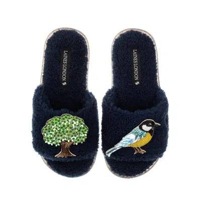 Laines London Women's Teddy Toweling Slipper Sliders With Oak Tree & Blue Tit Brooches - Navy