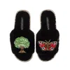 Laines London Women's Teddy Toweling Slipper Sliders With Oak Tree & Butterfly Brooches - Black In Black