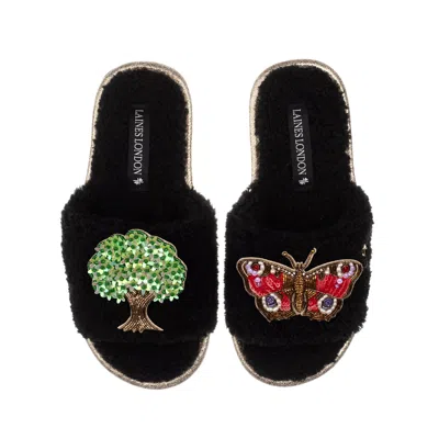 Laines London Women's Teddy Toweling Slipper Sliders With Oak Tree & Butterfly Brooches - Black