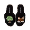 Laines London Women's Teddy Toweling Slipper Sliders With Oak Tree & Fox Brooches - Black In Black