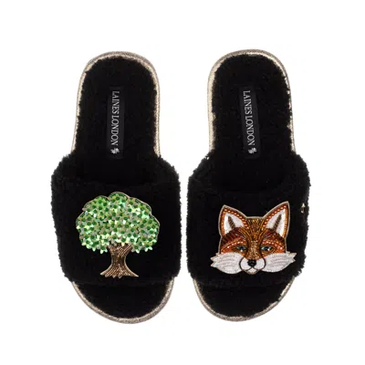 Laines London Women's Teddy Toweling Slipper Sliders With Oak Tree & Fox Brooches - Black